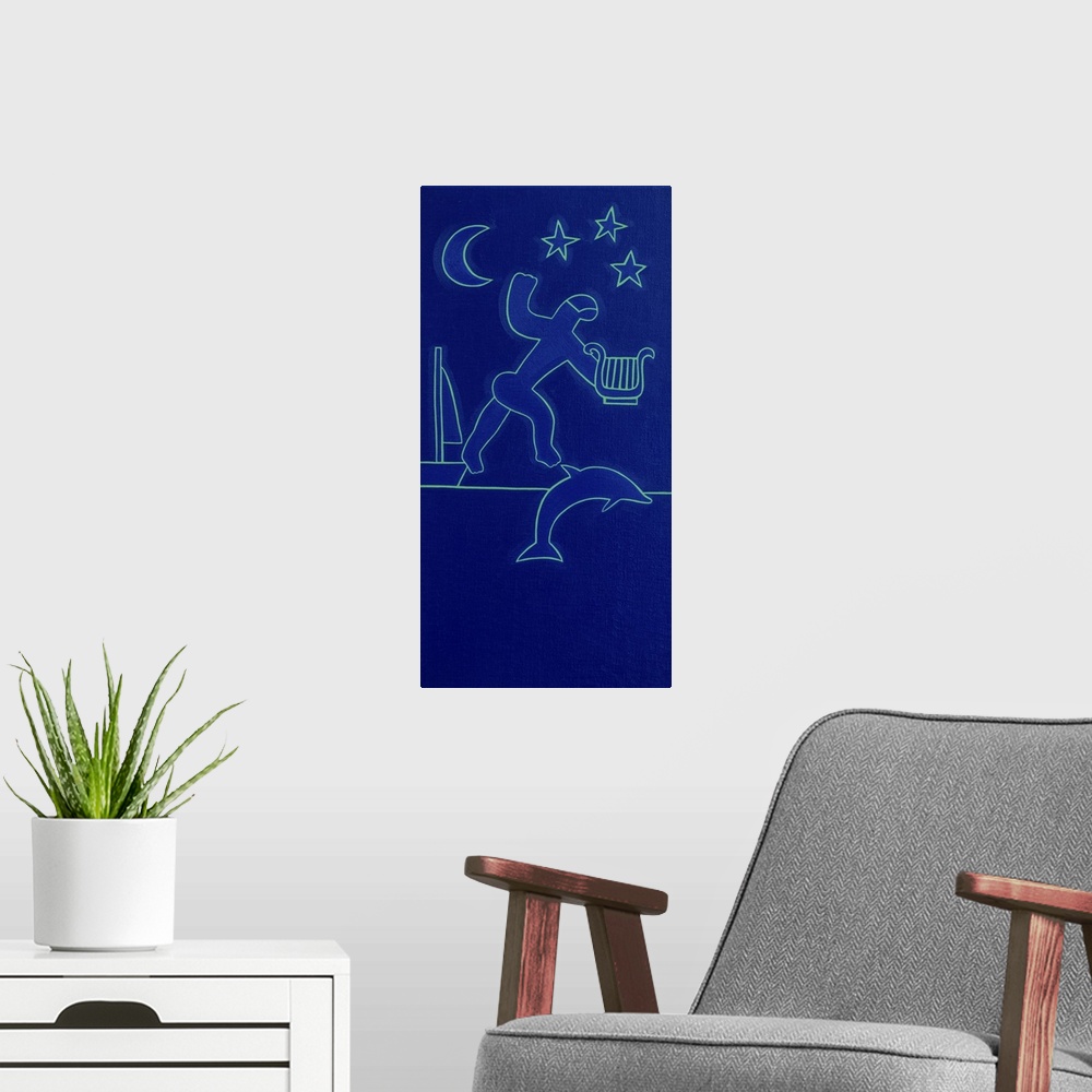 A modern room featuring Arion and the dolphin, 2019. Originally oil on linen.
