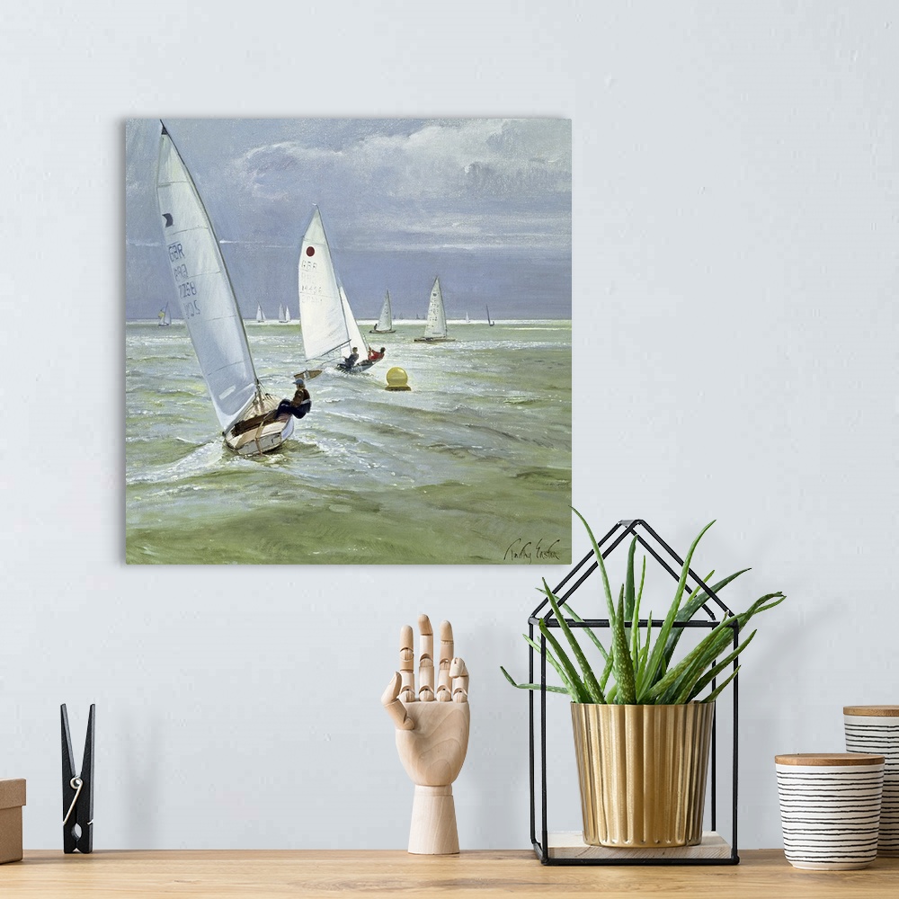 A bohemian room featuring An oil on canvas with several sail boats in the water with those closest to the foreground being ...