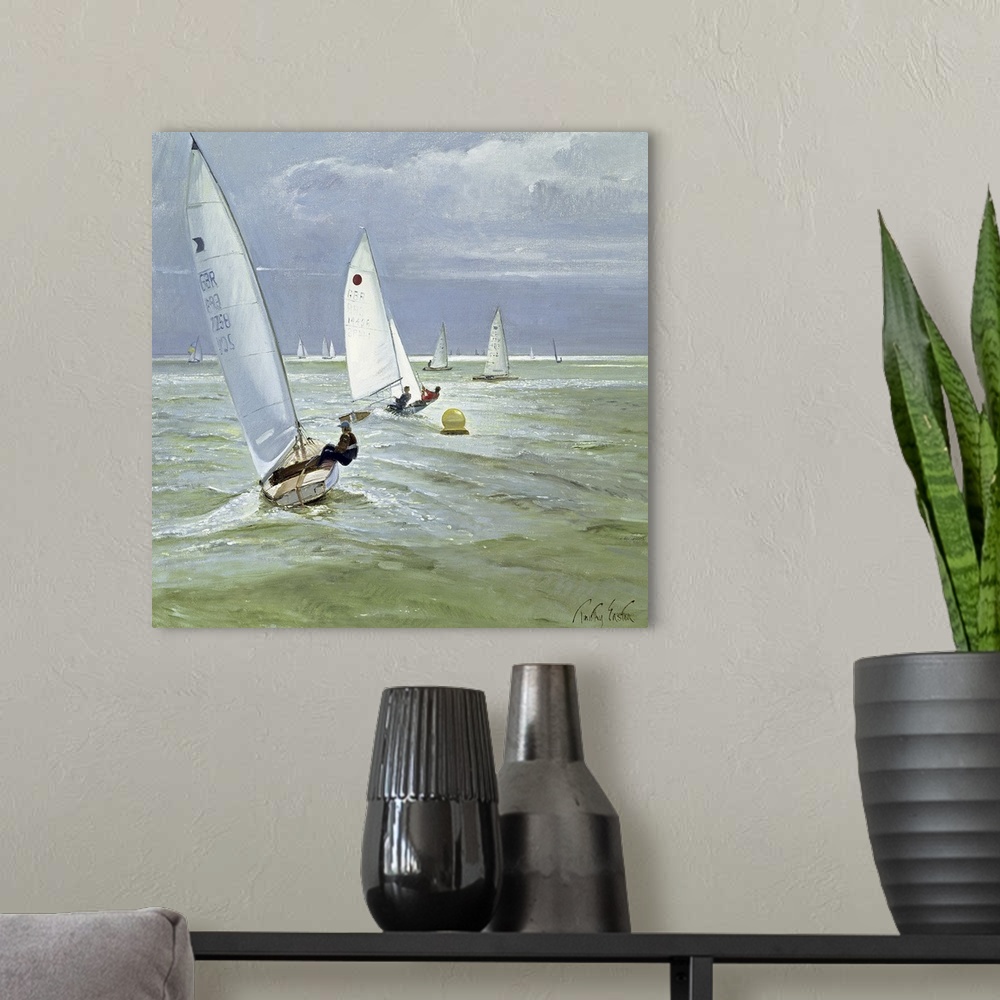 A modern room featuring An oil on canvas with several sail boats in the water with those closest to the foreground being ...