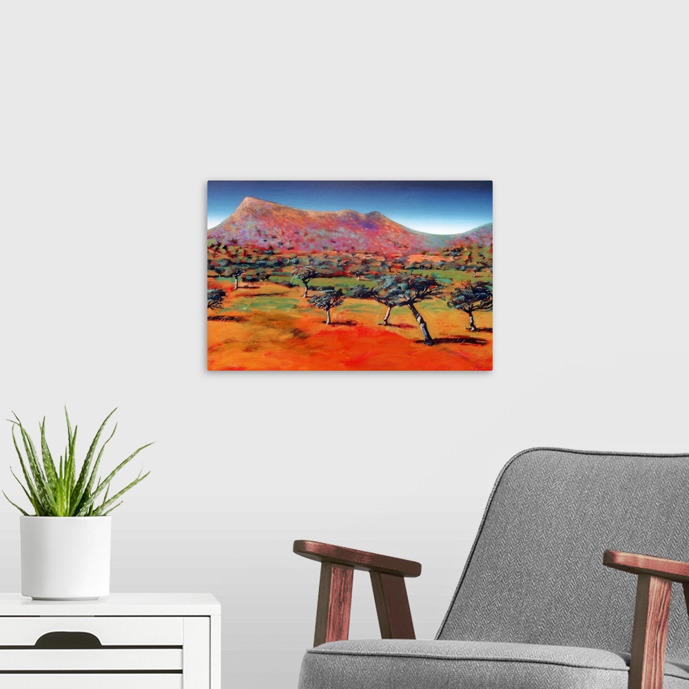 A modern room featuring Acrylic painting of trees randomly sticking up on the flat ground at the base of a barren mountain.