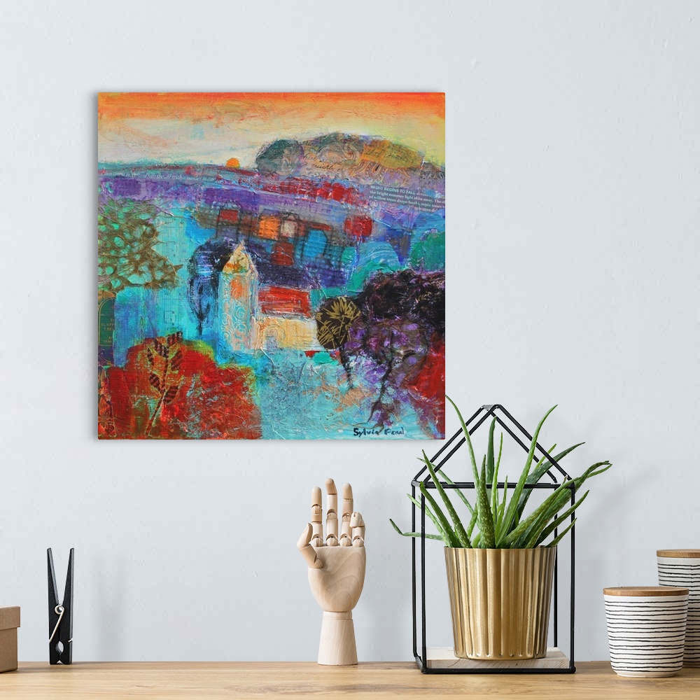 A bohemian room featuring Contemporary painting of an idyllic landscape in vivid colors.