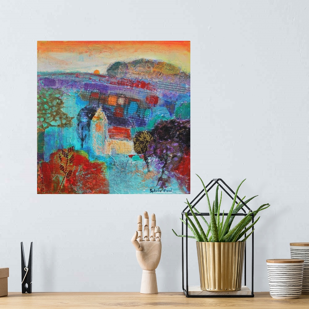 A bohemian room featuring Contemporary painting of an idyllic landscape in vivid colors.