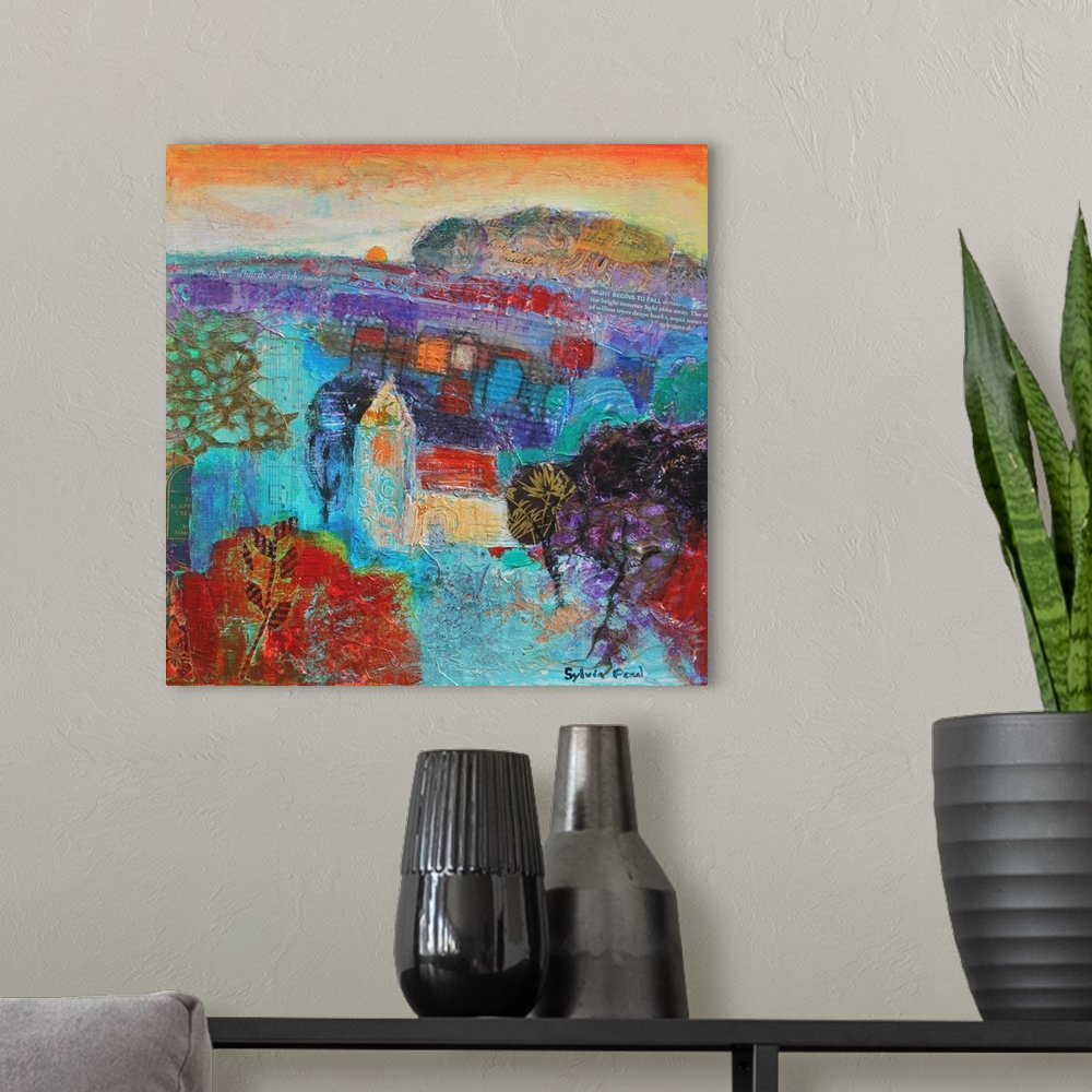 A modern room featuring Contemporary painting of an idyllic landscape in vivid colors.