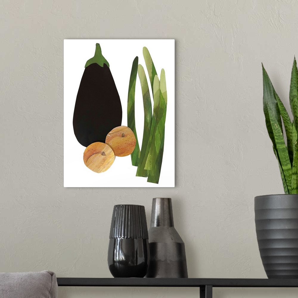 A modern room featuring Asparagus, Apricots, Aubergine