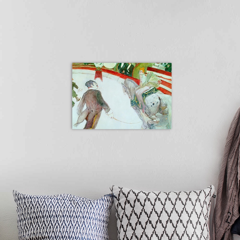 A bohemian room featuring Landscape, oversized classic artwork of a ringmaster, holding a whip, helping to guide a horse an...