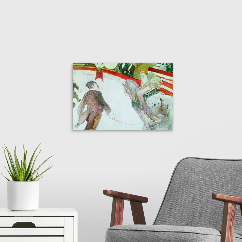 A modern room featuring Landscape, oversized classic artwork of a ringmaster, holding a whip, helping to guide a horse an...