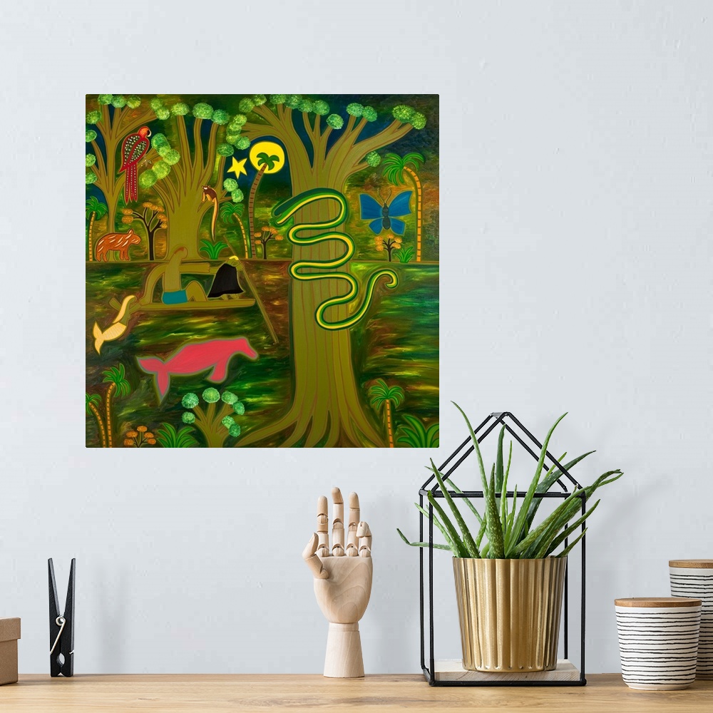 A bohemian room featuring Contemporary painting of animals in the Amazon rainforest.