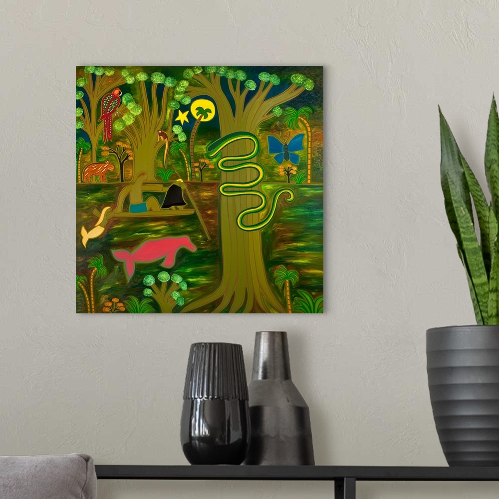 A modern room featuring Contemporary painting of animals in the Amazon rainforest.
