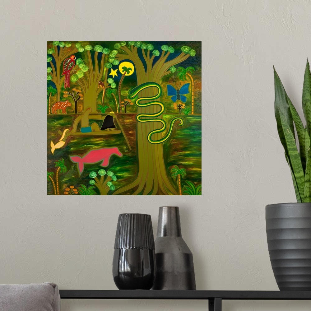A modern room featuring Contemporary painting of animals in the Amazon rainforest.