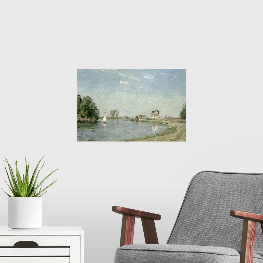 A modern room featuring Oil painting of a river with a small boat it in and houses in the distance.