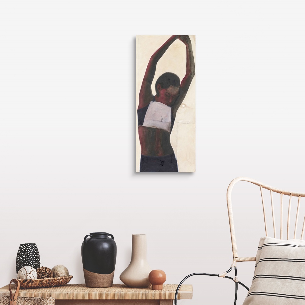 A farmhouse room featuring Contemporary watercolor painting of an athlete stretching her arms up into the air.