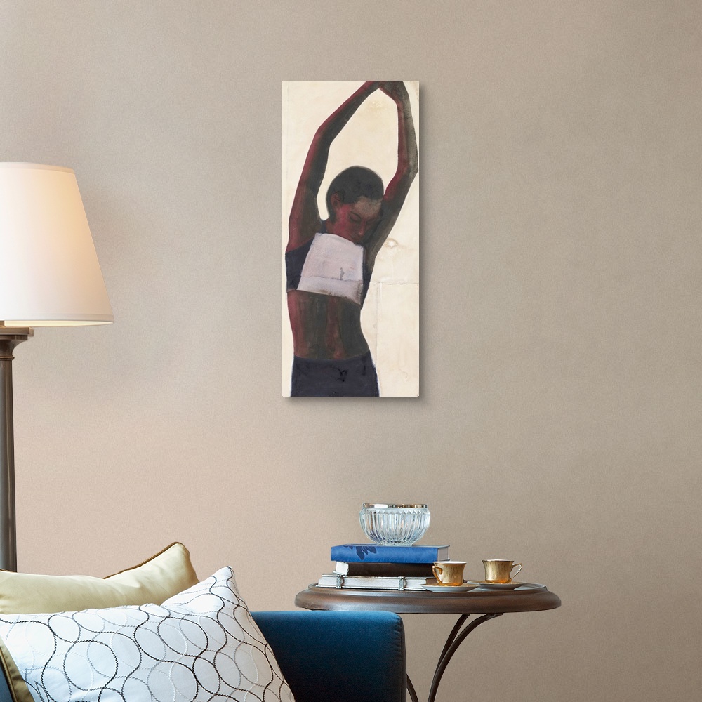 A traditional room featuring Contemporary watercolor painting of an athlete stretching her arms up into the air.
