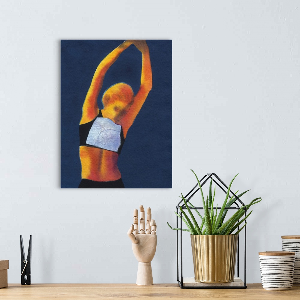 A bohemian room featuring Contemporary figurative art of an athlete stretching.