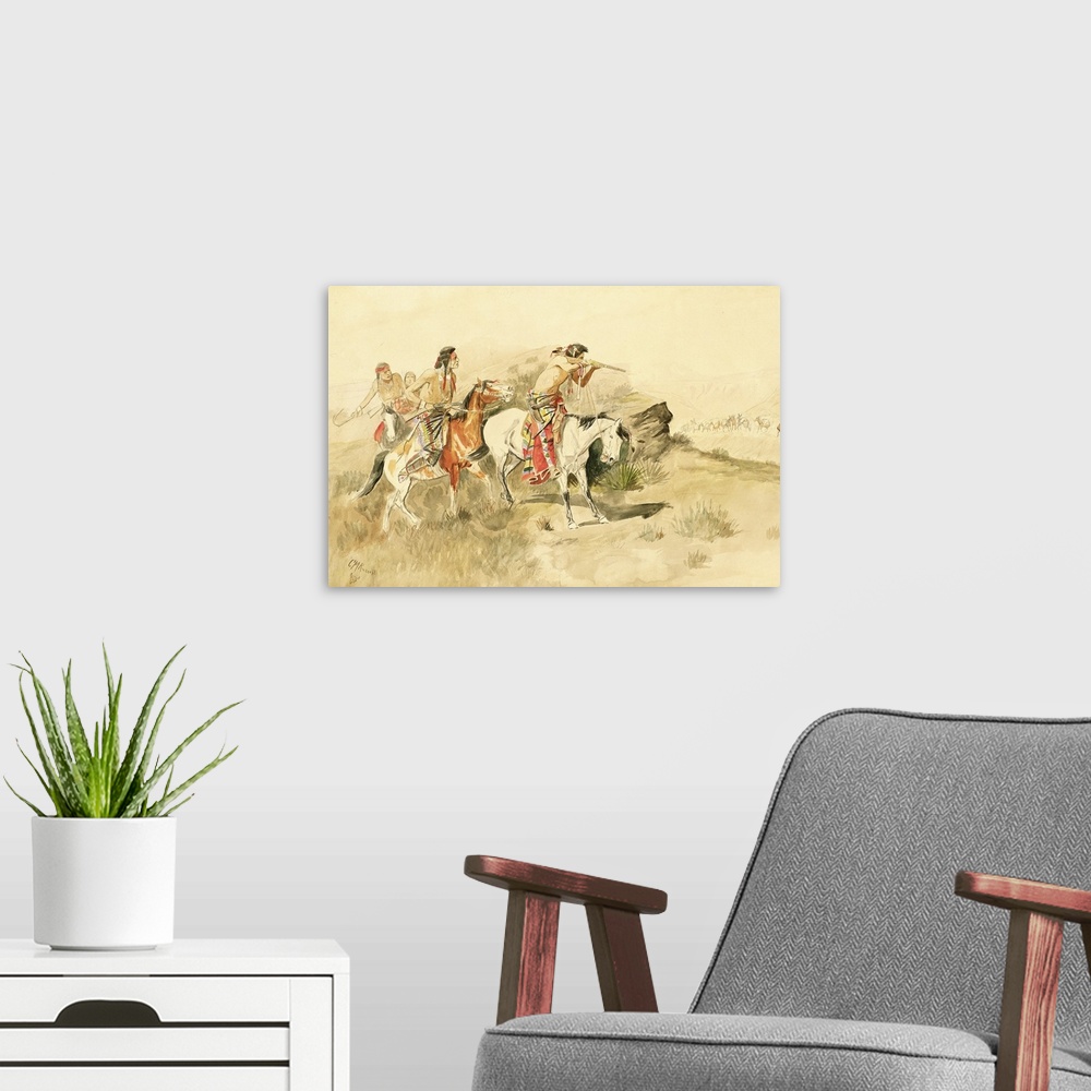A modern room featuring Attack on the Muleteers, c. 1895, pencil and watercolor on paper.  By Charles Marion Russell (186...