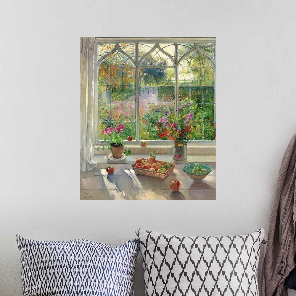 A bohemian room featuring This large painting has fruit baskets and flower pots sitting on a window sill that looks out ove...