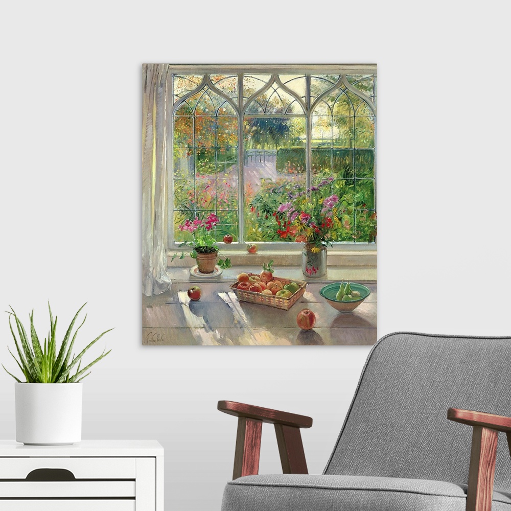 A modern room featuring This large painting has fruit baskets and flower pots sitting on a window sill that looks out ove...