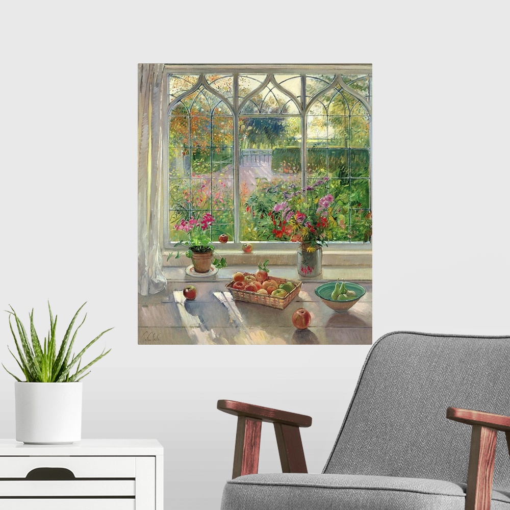 A modern room featuring This large painting has fruit baskets and flower pots sitting on a window sill that looks out ove...