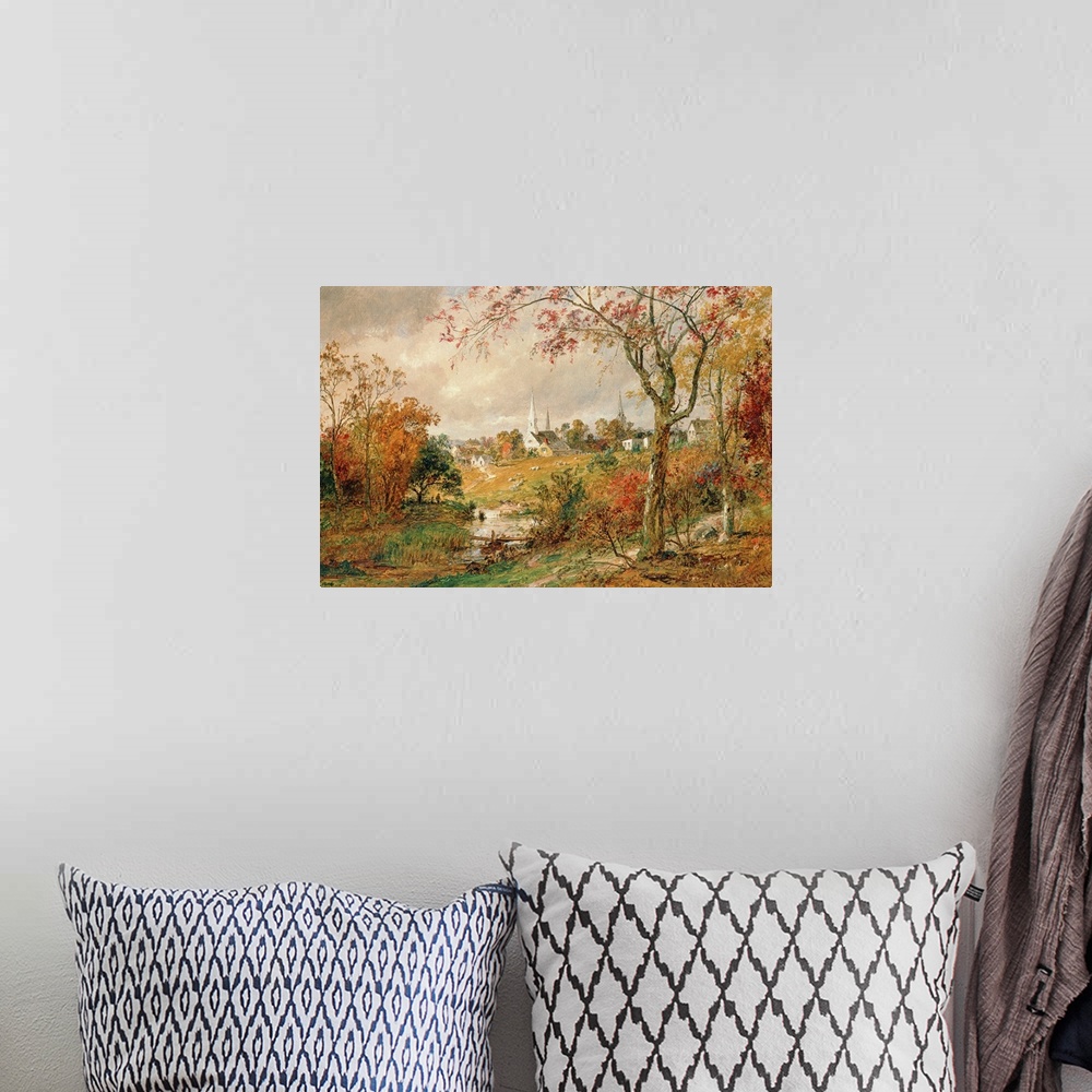 A bohemian room featuring Large, landscape, classic art wall painting of a clearing at the edge of the woods looking toward...
