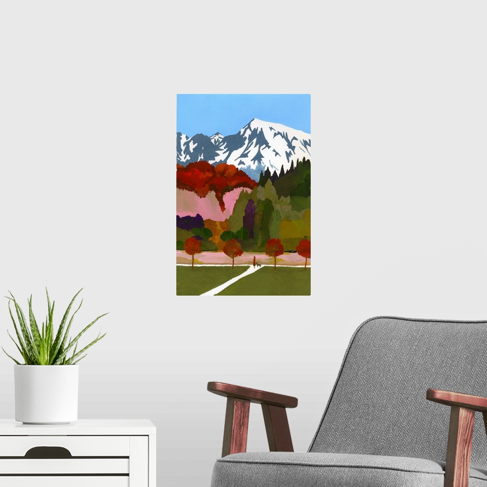 A modern room featuring Autumn Leaves And Snow Mountains