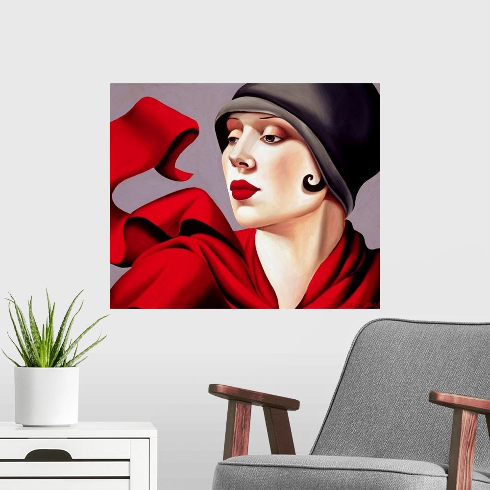 A modern room featuring Vintage artwork featuring a woman from what appears to be the early 20th century dressed in a hat...