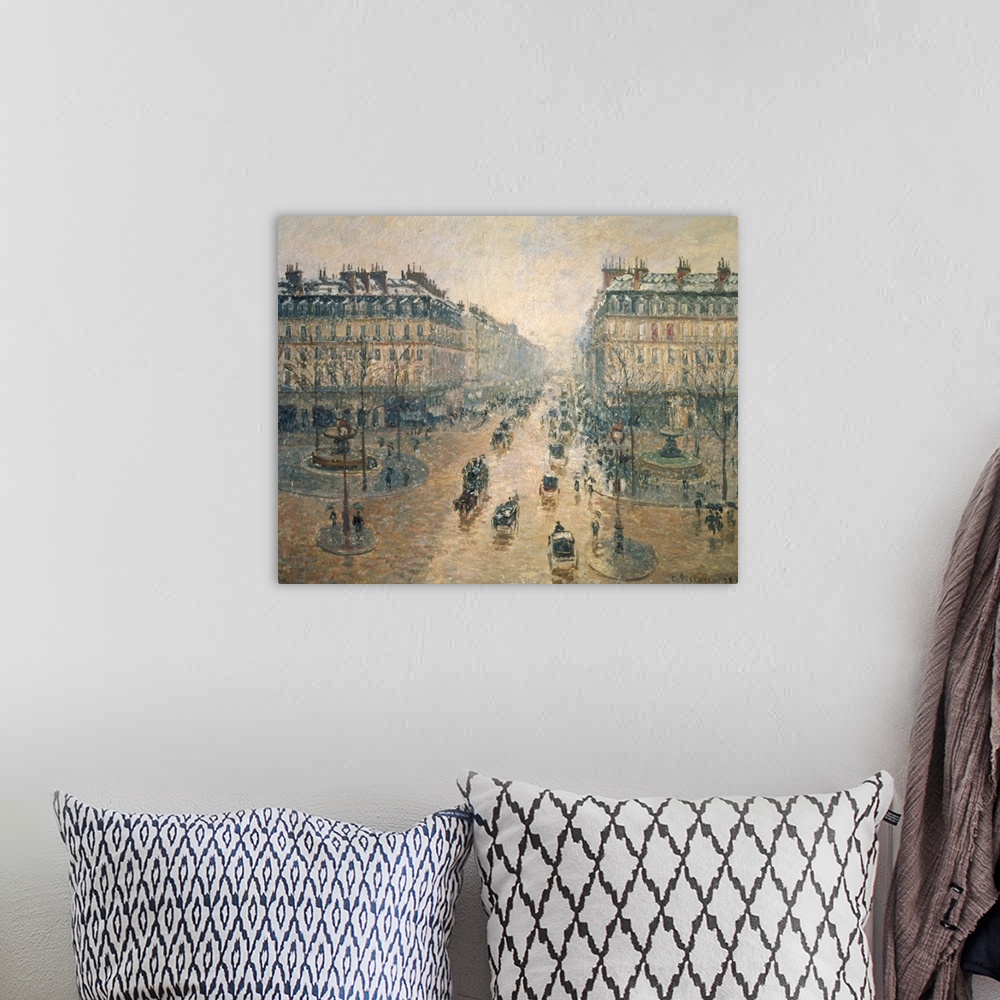 A bohemian room featuring Large classic painting on a landscape canvas of Avenue de Lopera, surrounded by two tall building...