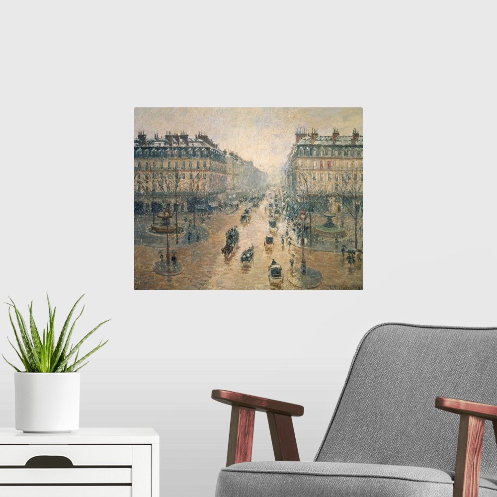 A modern room featuring Large classic painting on a landscape canvas of Avenue de Lopera, surrounded by two tall building...