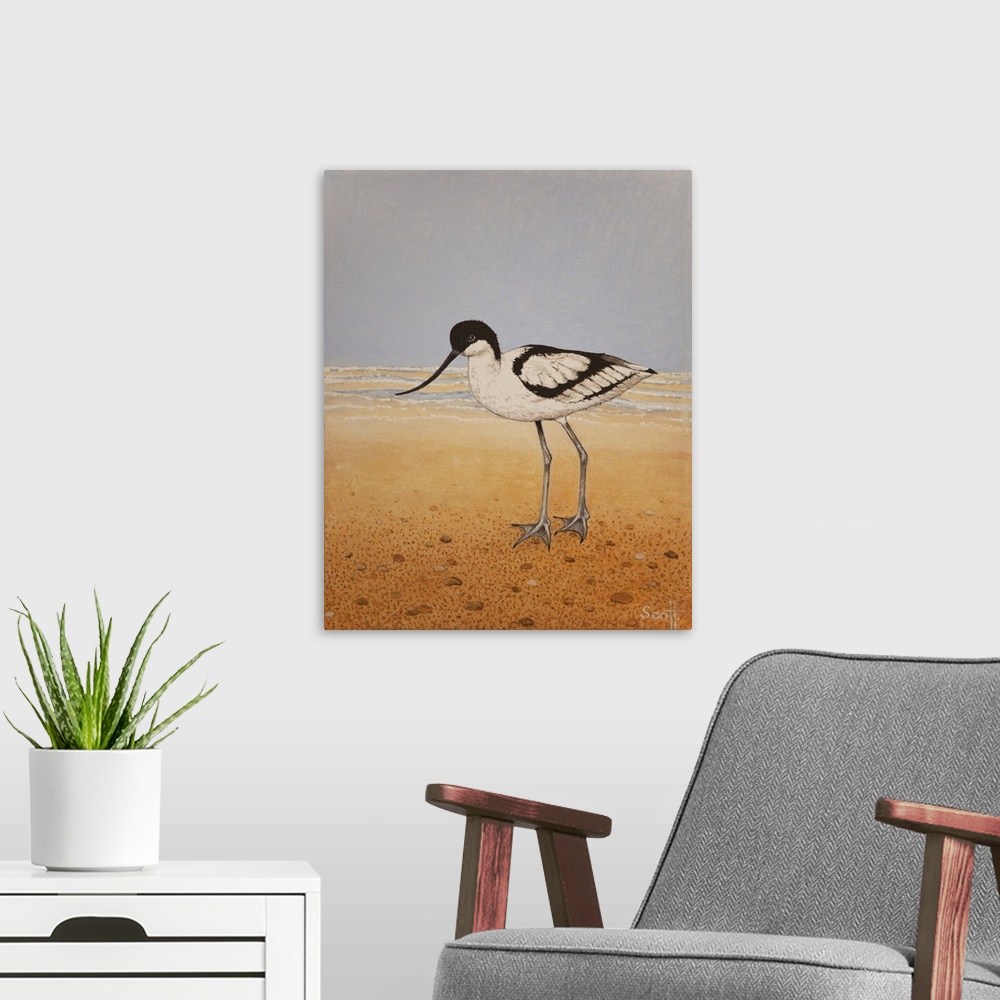 A modern room featuring Avocet, 2016, originally oil on canvas.
