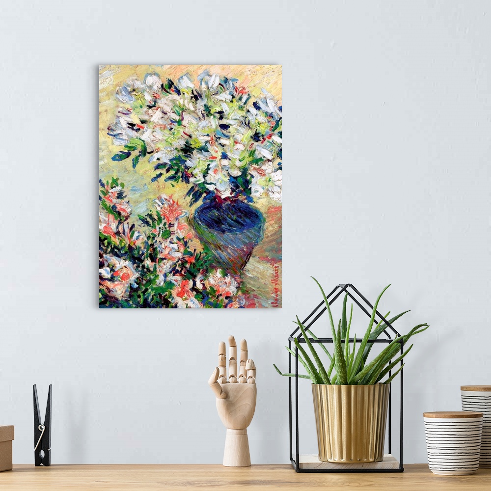A bohemian room featuring A vertical painting created with diagonal brush strokes and movement of flower blossoms in a cera...