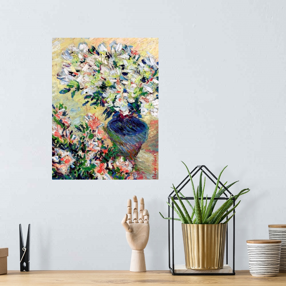 A bohemian room featuring A vertical painting created with diagonal brush strokes and movement of flower blossoms in a cera...