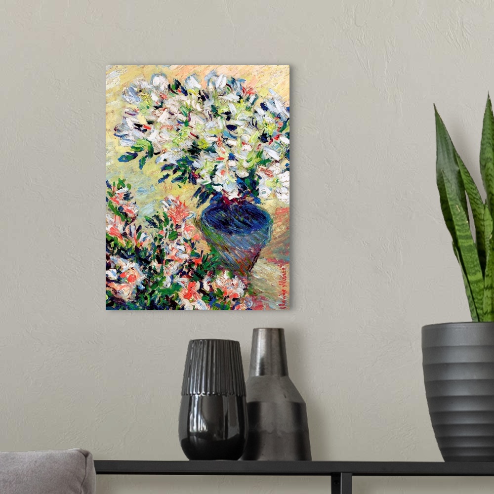 A modern room featuring A vertical painting created with diagonal brush strokes and movement of flower blossoms in a cera...