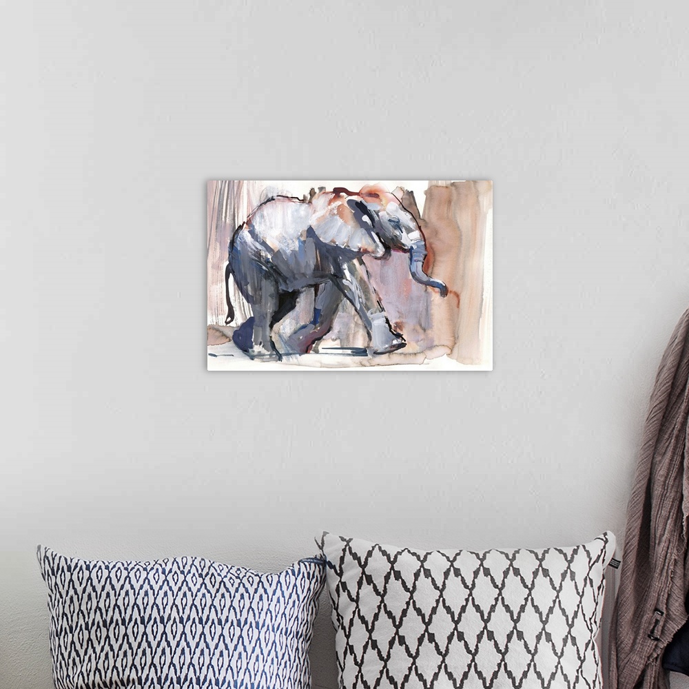 A bohemian room featuring Contemporary watercolor painting of an elephant against an earthy background.