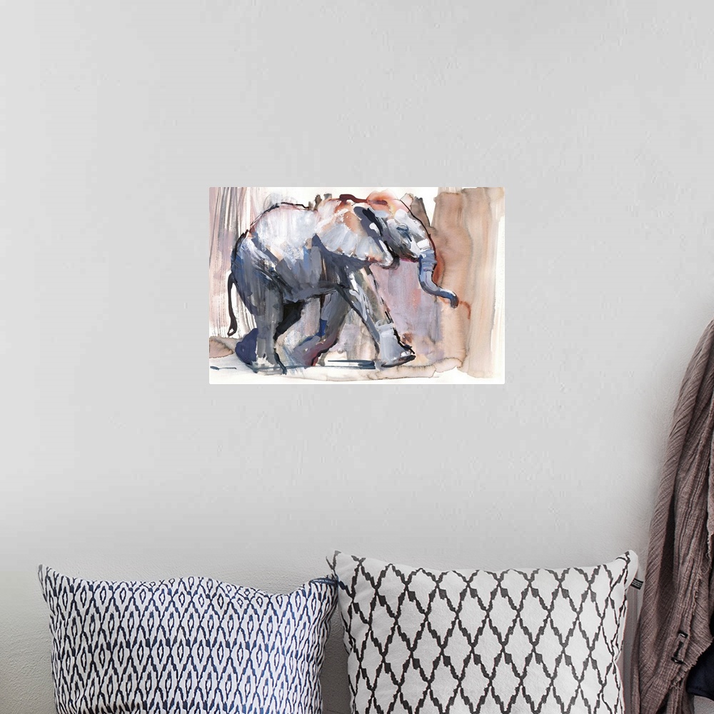 A bohemian room featuring Contemporary watercolor painting of an elephant against an earthy background.