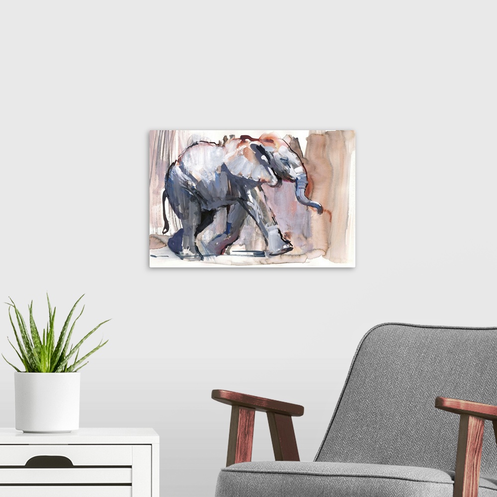 A modern room featuring Contemporary watercolor painting of an elephant against an earthy background.