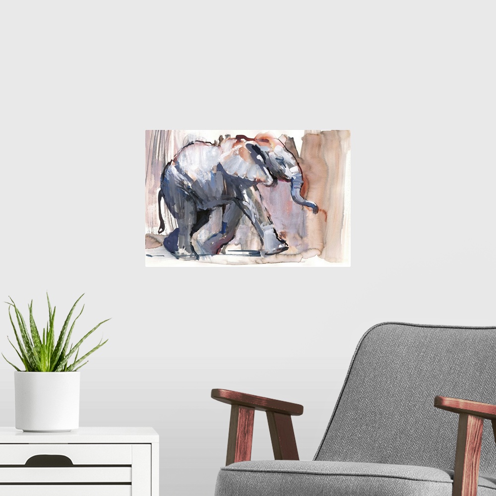 A modern room featuring Contemporary watercolor painting of an elephant against an earthy background.