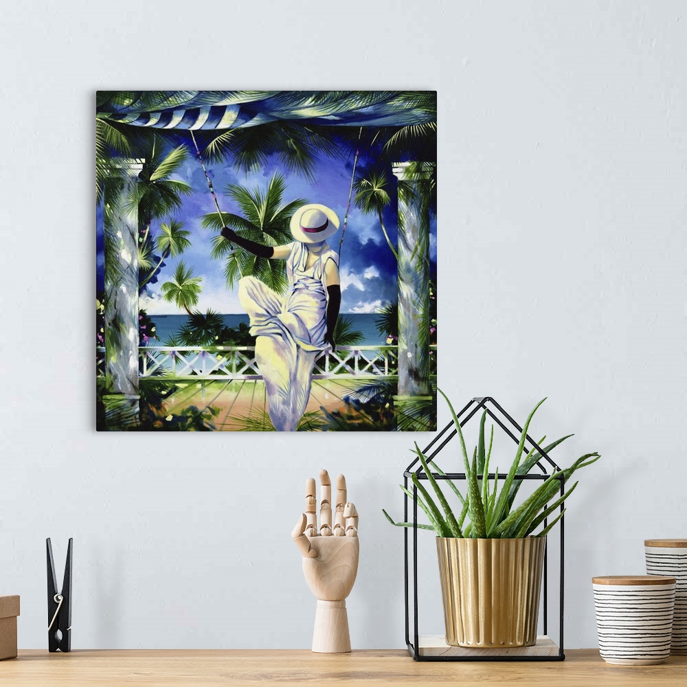 A bohemian room featuring Contemporary painting of a a woman on a swing in a tropical beach.
