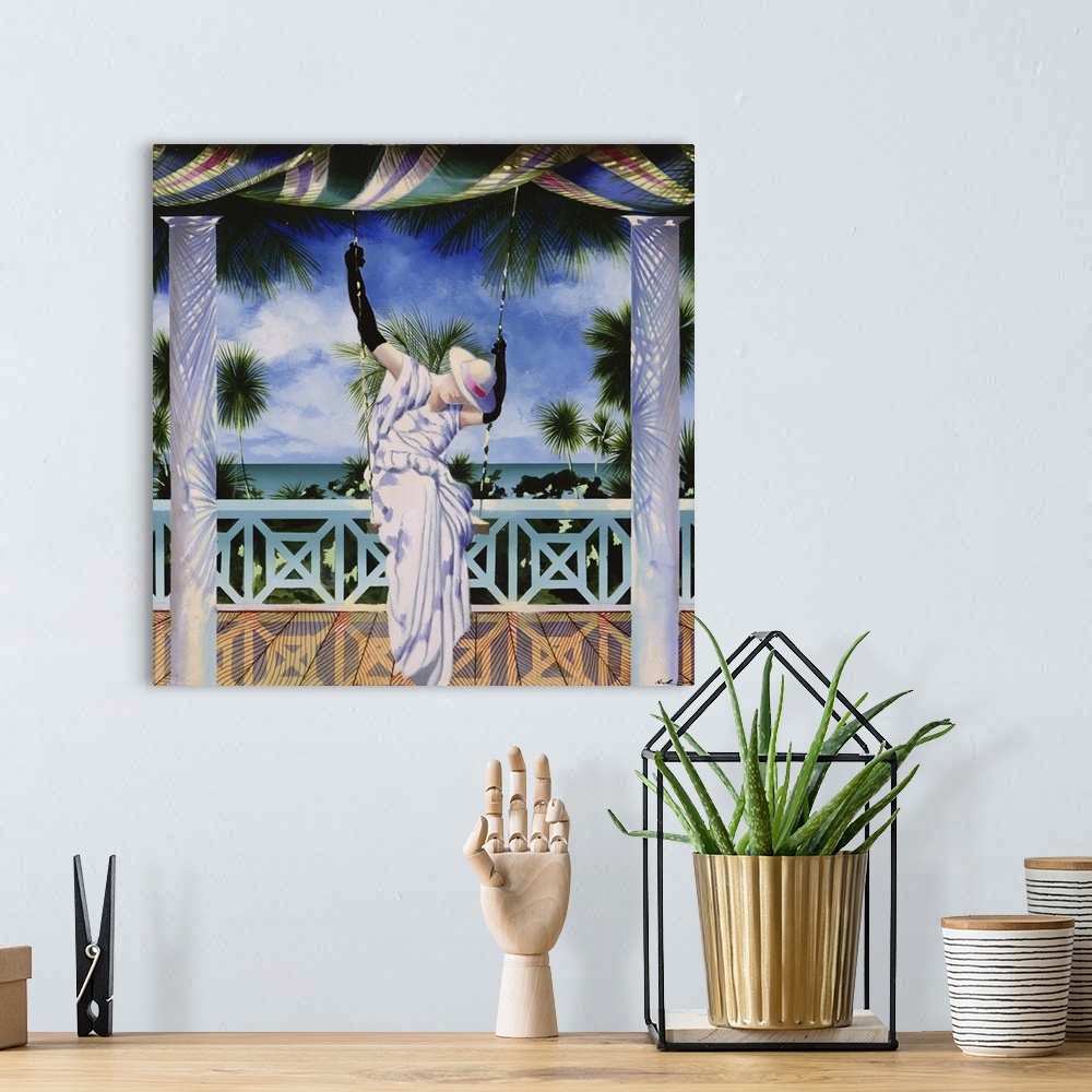 A bohemian room featuring Contemporary painting of a a woman on a swing in a tropical beach.