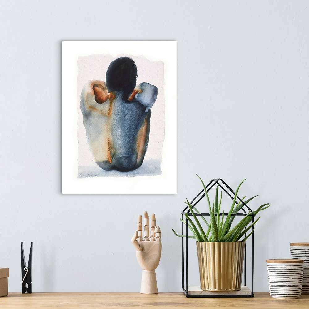 A bohemian room featuring Contemporary watercolor painting of a male nude seated grabbing his knees.