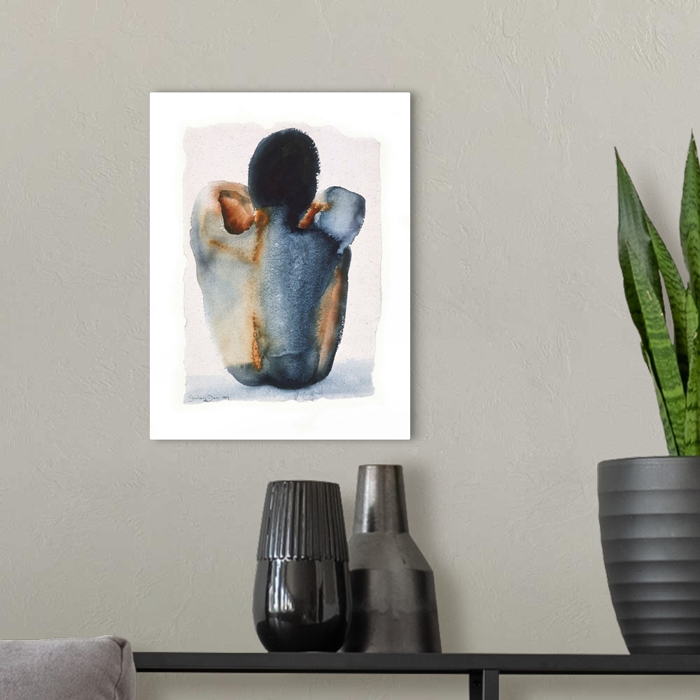 A modern room featuring Contemporary watercolor painting of a male nude seated grabbing his knees.
