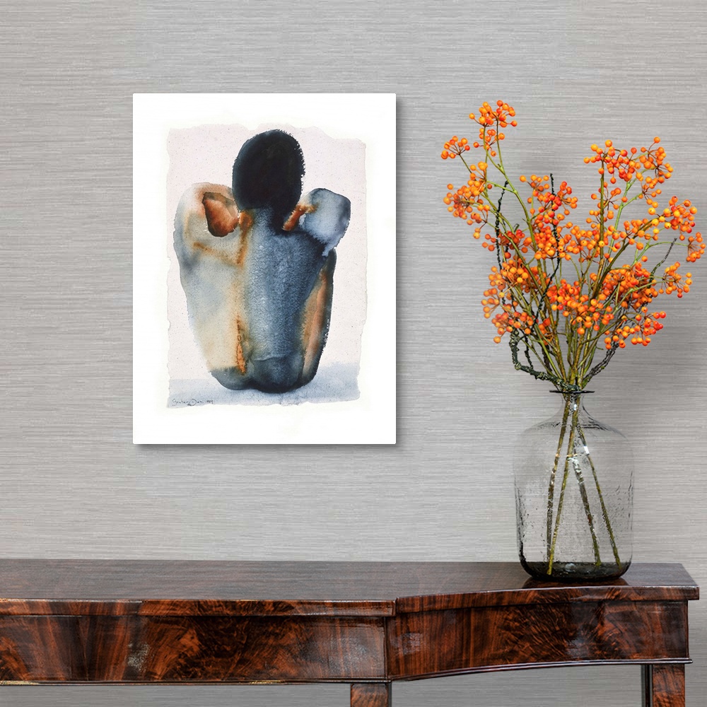 A traditional room featuring Contemporary watercolor painting of a male nude seated grabbing his knees.