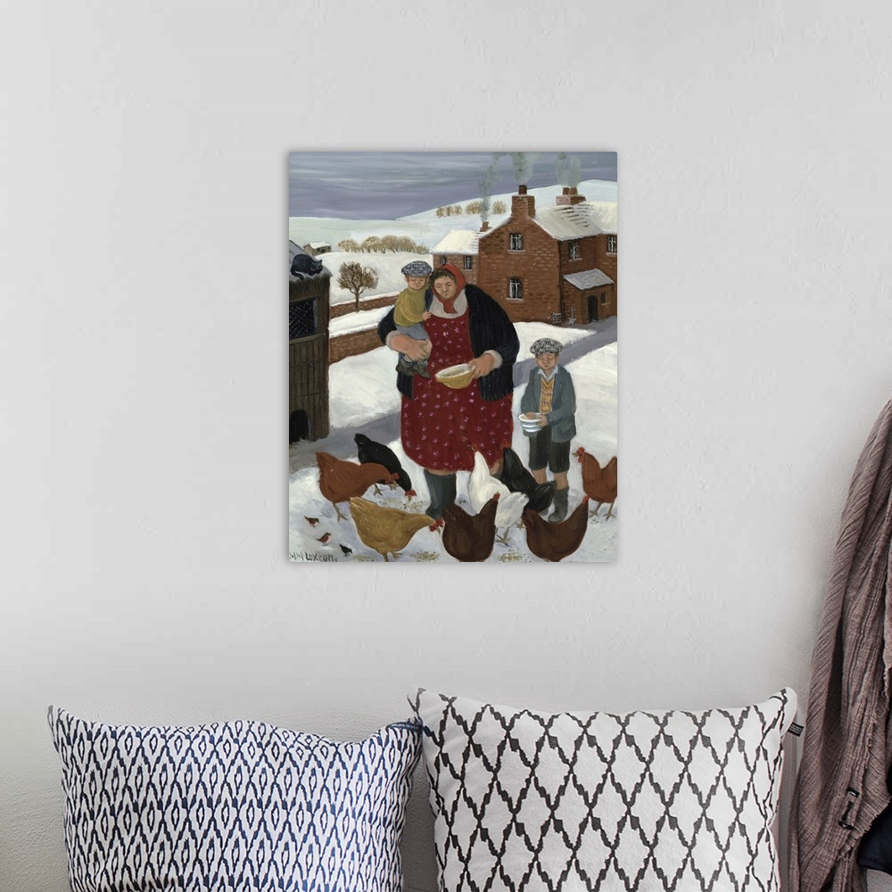 A bohemian room featuring Contemporary painting of a woman and two boys feeding chickens in the winter.