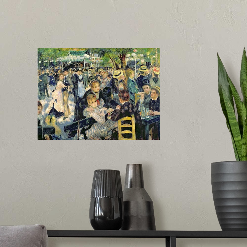 A modern room featuring Big classic art depicts a large group of well dressed individuals dancing and relaxing in a park ...