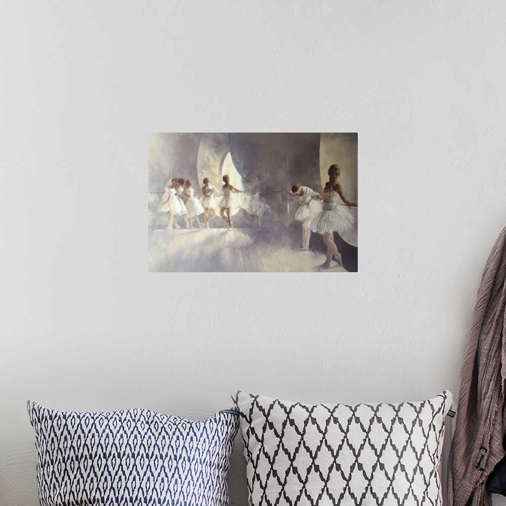 A bohemian room featuring Oil painting of ballerinas holding onto barre and warming up.