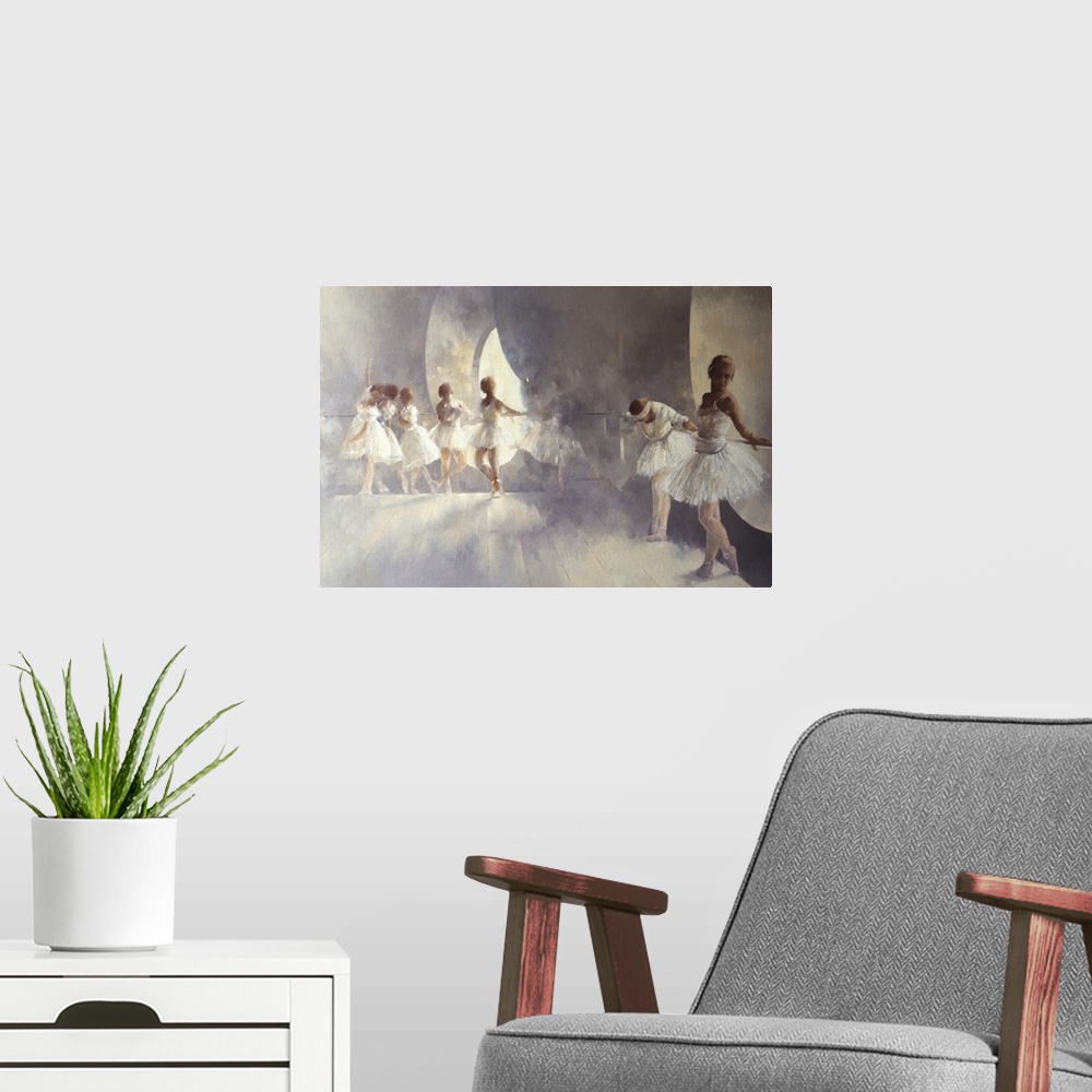 A modern room featuring Oil painting of ballerinas holding onto barre and warming up.