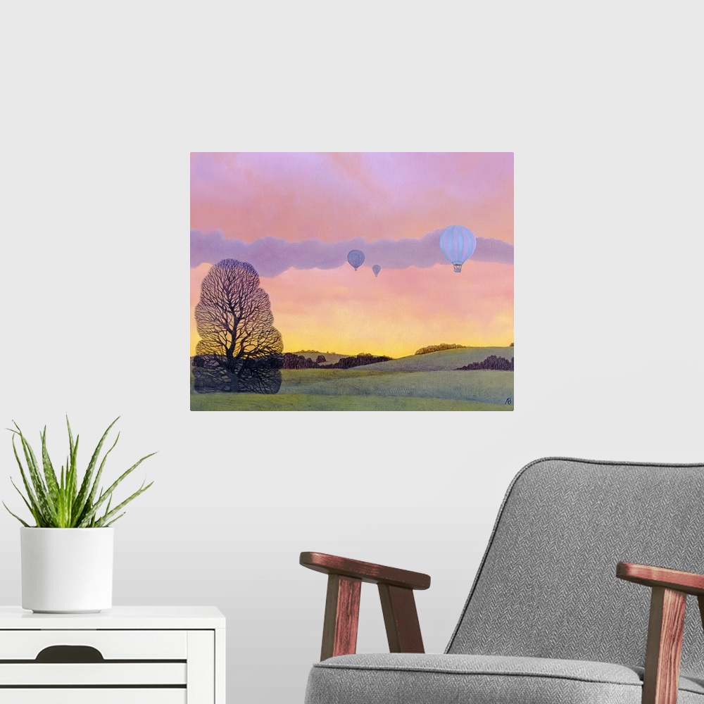 A modern room featuring Oil painting of hot air balloons floating over tree covered rolling hills with colorful sky at su...