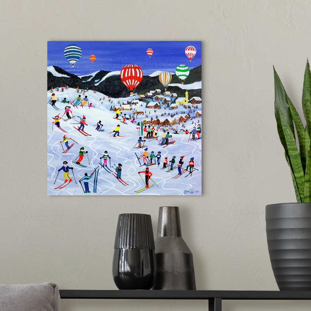 A modern room featuring Contemporary painting of people skiing down a hill with hot air balloons in the sky.