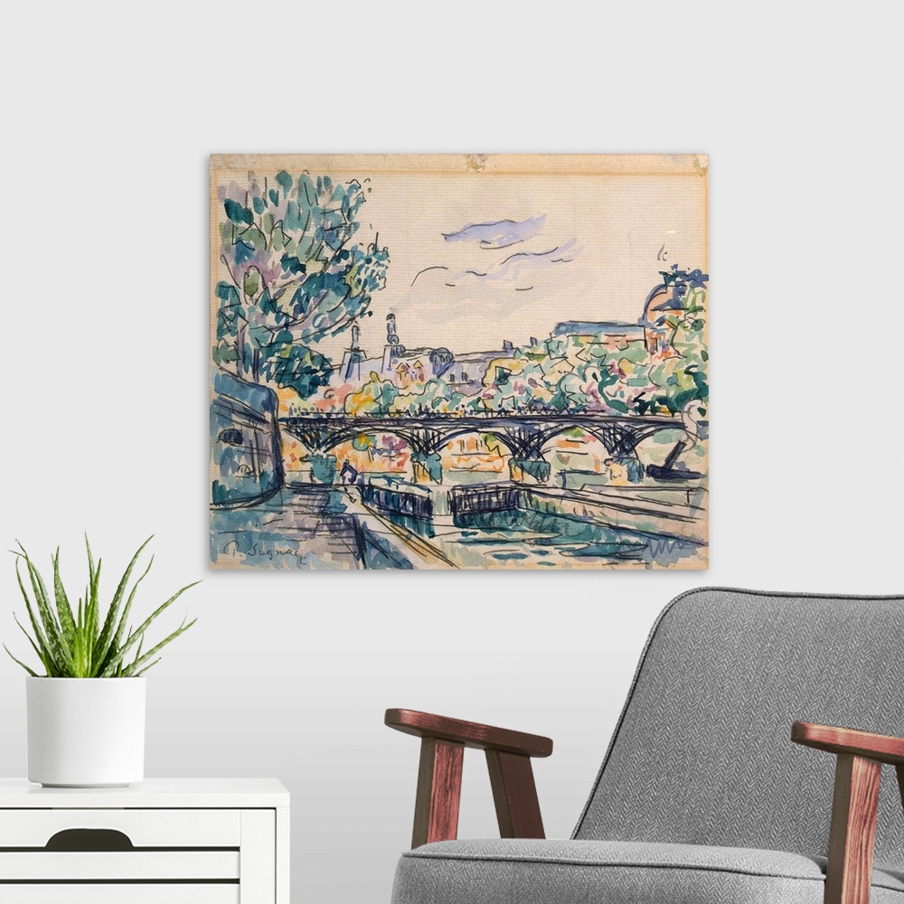 A modern room featuring BAL385530 Bank of the Seine near the Pont des Arts, with a view of the Louvre (pen