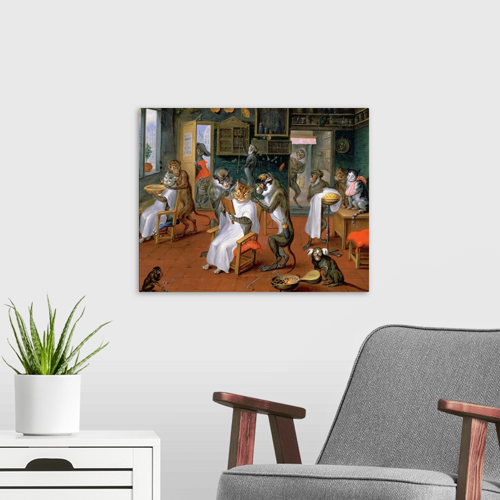 A modern room featuring XAM70743 Barber's shop with Monkeys and Cats (oil on copper)  by Teniers, Abraham (1629-70); 24x3...