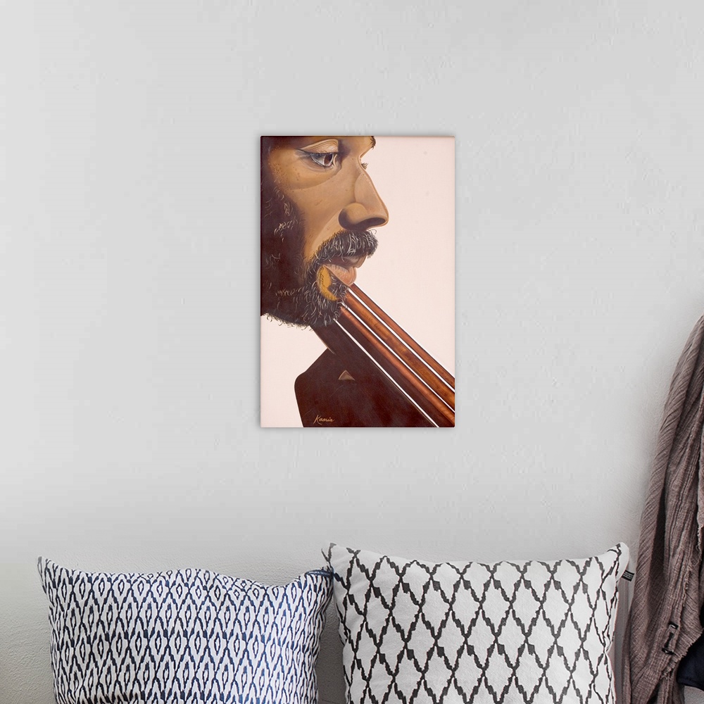 A bohemian room featuring Up-close oil painting of a bearded man playing stringed instrument.