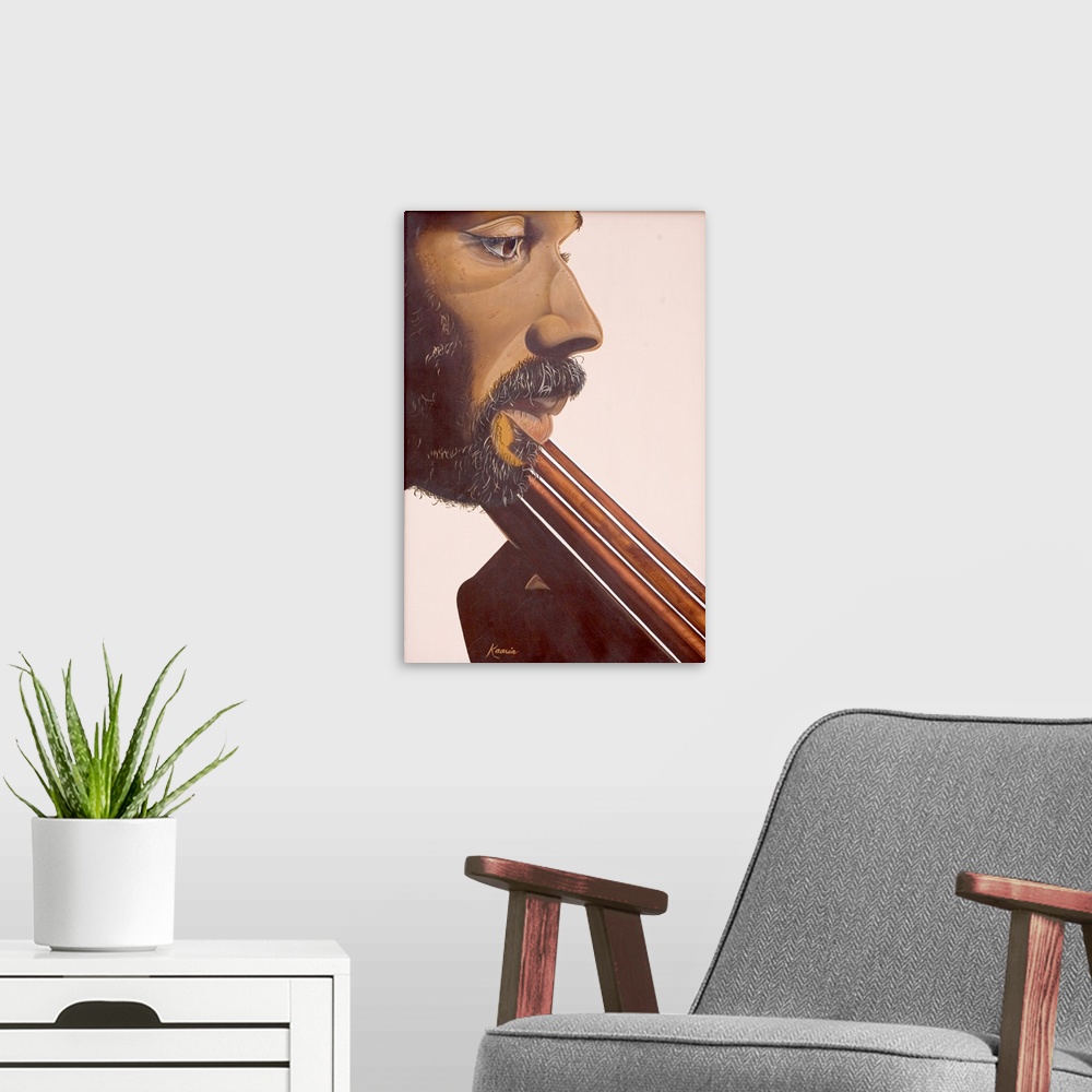 A modern room featuring Up-close oil painting of a bearded man playing stringed instrument.