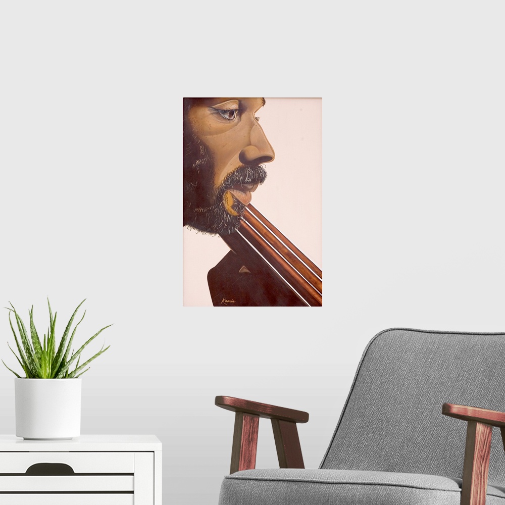 A modern room featuring Up-close oil painting of a bearded man playing stringed instrument.